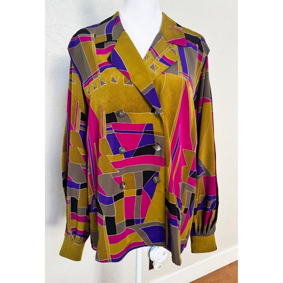 jaeger Tops - JAEGER‎ Vintage Geometric Print Double Breasted Blouse Shirt Top 36 ( M/L) 80's